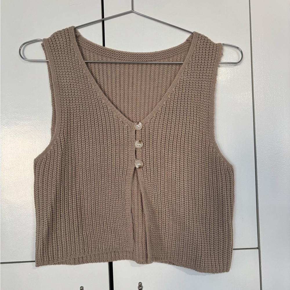 SHEIN Taupe Ribbed V-Neck Button Front Knit Tank